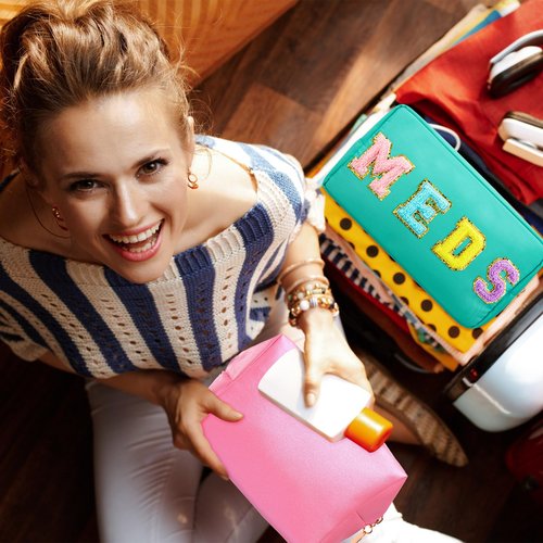Geetery Chenille Letter Bag Nylon Makeup Bag Portable Bag Makeup Cases Preppy Patch Makeup Bag with Zipper Cosmetic Toiletry Storage Bag for Women(Green,Hidden MEDS)