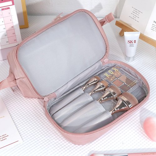 HEMOUR Makeup Bag Double Layer Portable Travel Cosmetic Bag with Brush Holder, Makeup Organizer Bag Toiletry Bag for Women and Girls (Pink)