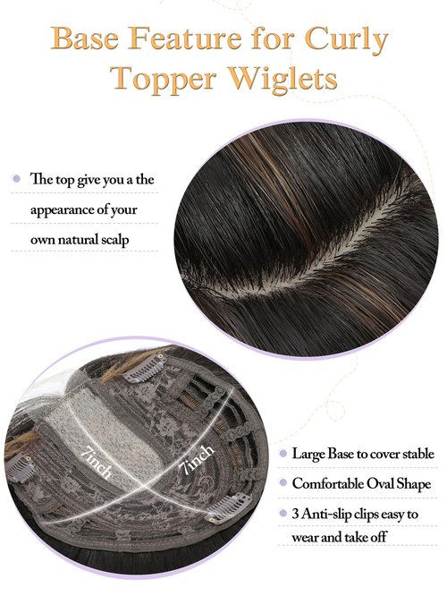 PANEWAY Wavy Curly Hair Topper - 20inch Long, Natural Brown With Highlights, Clip In Synthetic Wiglets