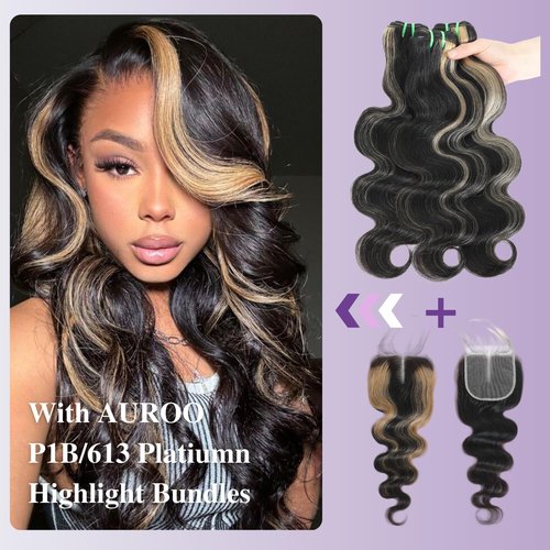 AUROO #27 Honey Blonde Highlight 4x4 Lace Closure Only Human Hair Body Wave 16 Inch, 12A 100% Virgin Hair Skunk Stripe HD Transparent Lace Closure Pre Plucked with Baby Hair Ombre Closure 150% Density