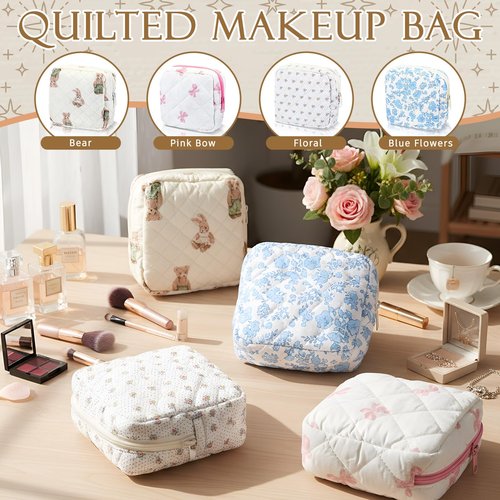 Weewooday 4 Pcs Small Quilted Makeup Bag Travel Cosmetic Makeup Bags Organizer Sanitary Napkin Storage Bag Floral Cotton Coquette Aesthetic Toiletry Bags for Women Girls(5x5x2inch,Novel)