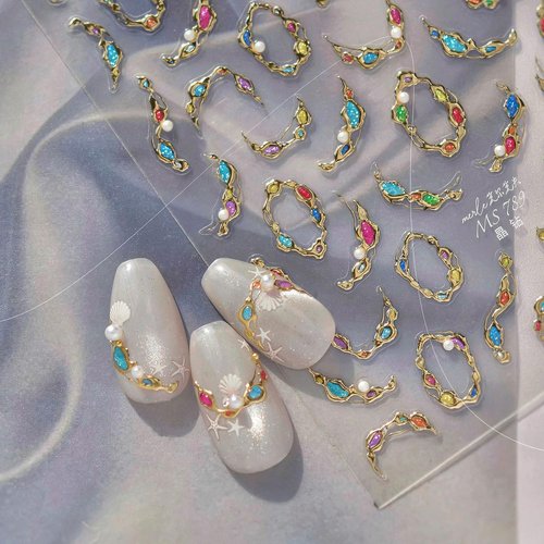 1 Sheets Embossed Gold Nail Stickers for Nail Art 5D Gem Nail Art Stickers Pearl Crystal Diamond Design Decals Self-Adhesive Gems Nail Decoration Summer Nail Decals for Women Nails Supplies