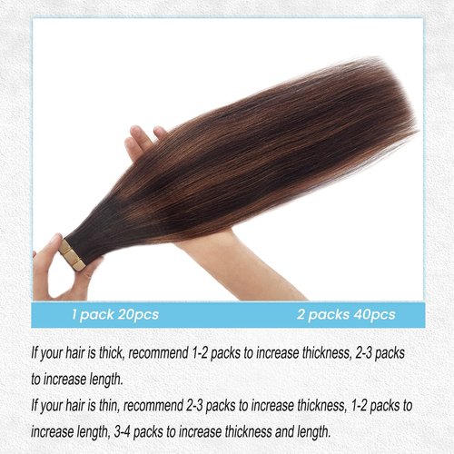 Balayage Yaki Tape in Hair Extensions Human Hair, Light Yaki Straight Tape ins Human Hair Extensions for Black Women 14 Inch Natural Black with Chocolate Brown Highlight Remy Extension with Dark Roots