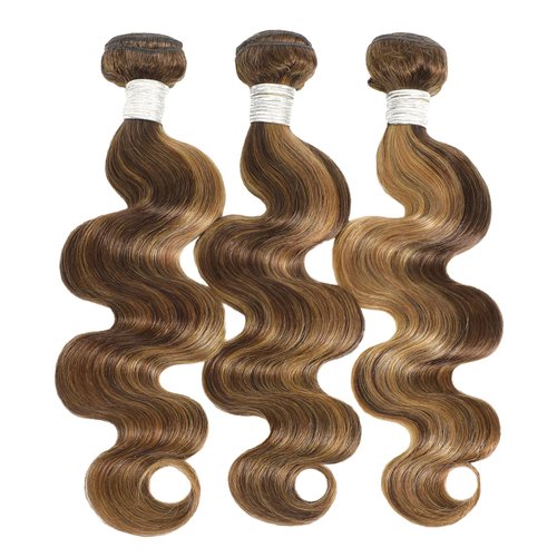 AUROO 12A Honey Blonde Highlight Body Wave Single Bundles Human Hair 10 Inch, 100% Virgin Brazilian Weaves Thick Track Brown Ombre #P4/27 Balayage Colored Human Hair Bundles Extensions Sew In Remy