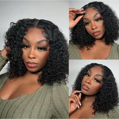 FCUFCU Glueless Wigs Human Hair Pre Plucked Pre Cut Deep Wave Bob Wig Human Hair 4x4 HD Lace Closure Wigs for Beginners 180% Density Natural Color 10 inch