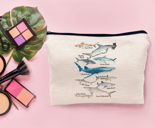 Lacosu Shark Makeup Bag,Shark Stuff,Shark Gifts For Shark Lovers，Marine Life Species Of Sharks Chart Cosmetic Makeup Bag