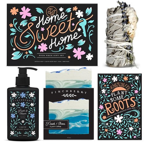 FinchBerry Home Sweet Home Gift Set – Perfect Housewarming Present – Includes Boxed Soap, Liquid Hand Soap, Sage Stick, and Plant Some Roots Seed Packet – Thoughtful Gift for Friends & Family