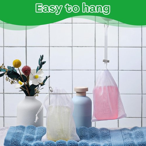 6 PCS Exfoliating Mesh Soap Pouch Soft Soap Bag with Drawstring for Shower Double Layer Thicken Foam Net Bubble Foam Net Soap Sack Saver Pouch, White