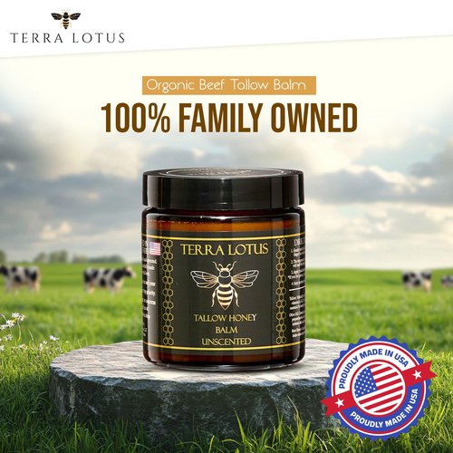 Terra Lotus - Organic Grass-Fed Beef Tallow Balm with Raw Honey - Moisturizing Cream for Soft, Smooth Skin - Handmade All-Natural Moisturizer (4oz, Unscented)
