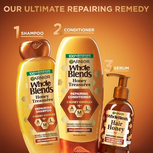 Garnier Whole Blends Honey Treasures Repairing Shampoo, Conditioner + Hair Mask Set for Dry, Damaged Hair (3 Items), 1 Kit (Packaging May Vary)