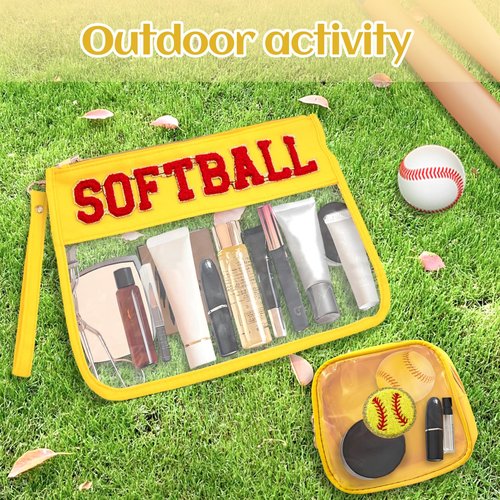 DUGYGA 2 Pcs Softball Chenille Letter Bags, Clear Toiletry Zipper Pouch, Cute Softballs Snack & Makeup Pouches, Softball Accessories Gift for Players, Moms, Fans, Girls, Birthday or Team Gifts