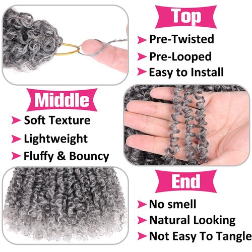 Unionbeauty 12 Inch Pre-Looped Yanky Twist Crochet Hair 8Packs Pre-Twisted Short Water Wave Passion Twist Crochet Braids Ombre Grey Micro Spring Twist Marlybob Synthetic Crochet Hair Extensions TGrey#