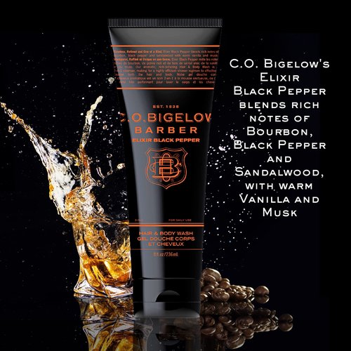 C.O. Bigelow Elixir Black Pepper Hair & Body Wash for Men, Pack of 2 Bourbon & Sandalwood Scented Men's 2 in 1 Shampoo & Body Wash, 8 Fl Oz