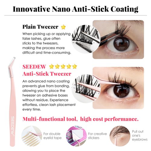 SEEDEW Tweezer P02 for DIY Lashes, Lash Application Tool, 1 PC Pointy Nano Coating Non-Stick Stainless Steel Curved Tweezer with a Protective Case, for Self-Adhesive/Pop-On Eyelash Extensions(Pink)