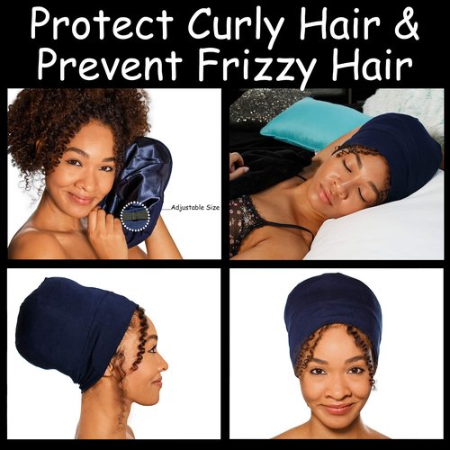 ALEXANDER PRODUCTS Satin Lined Sleep Cap Adjustable Bonnet Slouchy Beanie Slap Hat for Natural Curly Girls and Frizzy Hair Cap for Women Blue