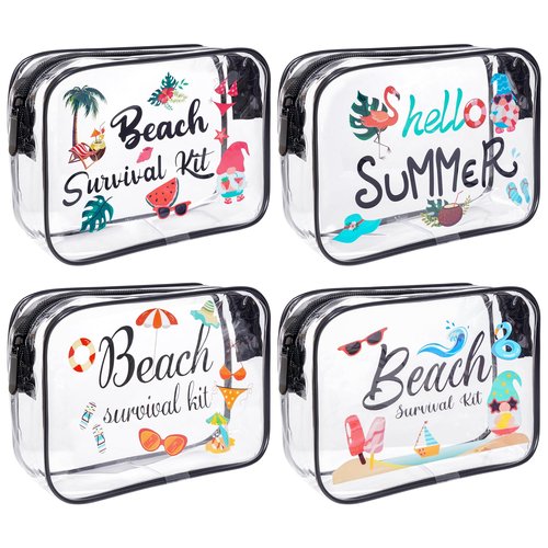 SUMERSHA 4Pcs Beach Clear Makeup Bags for Women Summer Beach Survival Kit Cosmetic Bags Waterproof PVC Toiletry Bags Portable Seaside Travel Pouch with Zipper for Lady Girls Summer Travel Vacation
