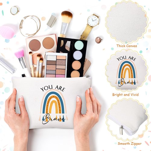 Fumete 60 Pcs Employee Appreciation Gifts Bulk 30 Inspirational Rainbow Canvas Makeup Bag 30 Motivational Keychains Cosmetic Bag Thank You Gifts for Vet Tech Week Nurse Assistant Volunteer Coworker