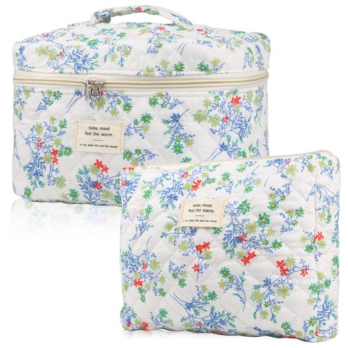 NATINSA Cute Makeup Bag for Women(2 Pcs), Travel Cosmetic Bags, Quilted Coquette Aesthetic Floral Toiletry Organizer Bag (Red & Green)