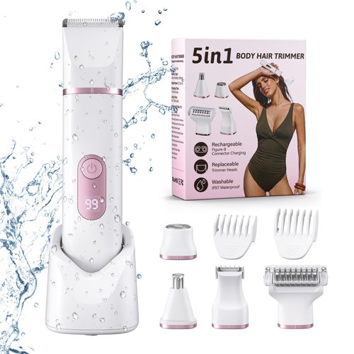 NPYXBR 5-in-1 Bikini Trimmer for Women: IPX7 Waterproof Electric Razor Shaver for Face, Pubic Area, Leg, Arm, Underarm, Nose, Cordless Rechargeable Body Hair Removal, Battery Display, Ceramic Blade