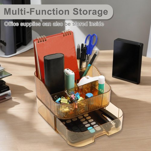 VOCOSTE 1 Set Makeup Organizer with Stackable Drawer, 7 Grids Makeup Organizer for Countertop Vanity, Skincare Organizers Cosmetic Display Cases, Amber Orange