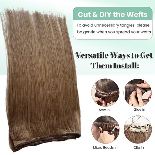Weft Hair Extensions Human Hair Ash Brown Sew in Extensions Hand Tied Double Weft 12 Inch Thick Ash Brown Hair Weave Bundles Straight Sew in Real Human Hair Weft Extensions for Women