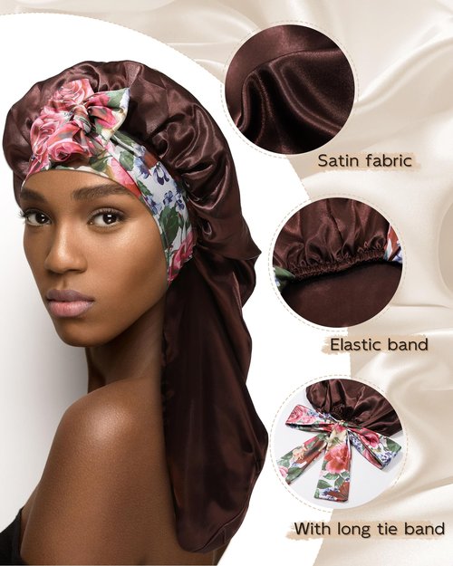 MBJERRY Long Satin Braids Bonnet - Silk Hair Bonnets for Sleeping Stretchy Tie Band for Black Women Elastic Sleep Cap for Curly Hair (Brown)