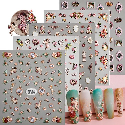Zoance Embossed Angel Nail Stickers, 5D Stereoscopic Self-Adhesive Flower Baby Nail Decals Baroque Nail Art Stickers for Women Girls Nail DIY Manicure Decoration
