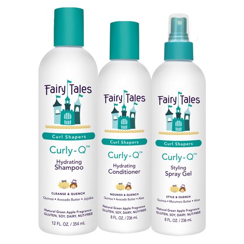 Fairy Tales Curly Q Hydrating Kids Shampoo 12oz, Conditioner 8oz, and Styling Spray Gel 8oz - Paraben, Sulfate, Gluten, and Nut Free - For All Curl Types Including Multi Cultural Hair (3 Pack)