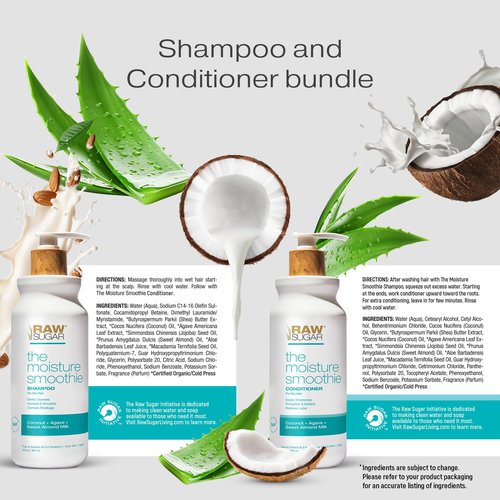 Raw Sugar Moisture Smoothie Shampoo and Conditioner Set, Moisturize & Nourish Dry Hair, Bulk Shampoo and Conditioner with Coconut Oil, Agave & Sweet Almond Oil, Formulated without Sulfates & Parabens