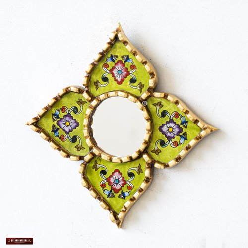 DECORCONTRERAS Small green peruvian mirrors for wall holiday – Diamond/Square shape wall artisan mirror in painted glass with gold leaf frame (Lime Green)