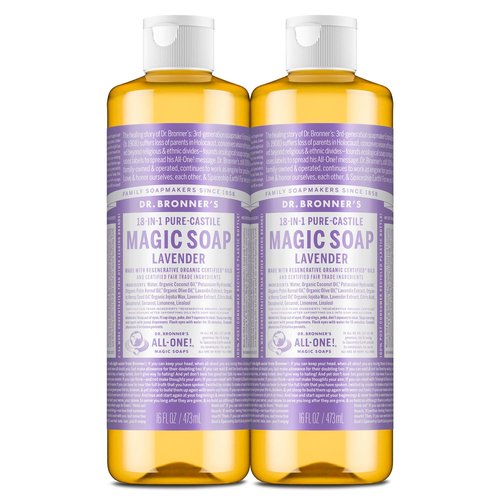 Dr. Bronner's Magic Soap - Pure-Castile Liquid Soap (Lavender, 32 ounce, 2-Pack) -Regenerative Organic Certified Oils, 18-in-1 Uses: Body, Hair, Laundry, Pets & Dishes, Concentrated, Vegan, Non-GMO