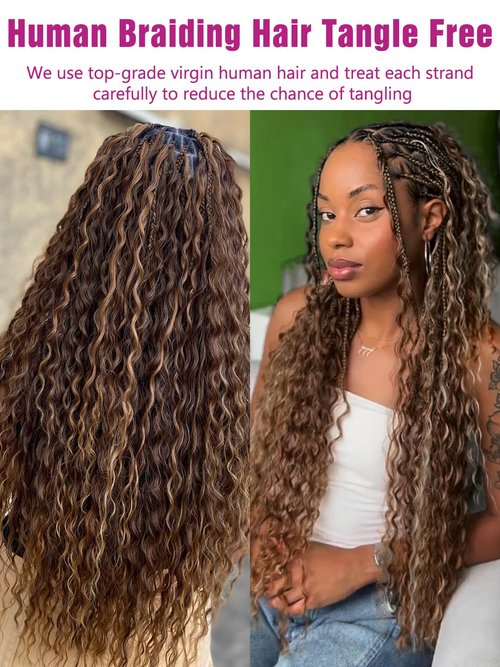 4/30 Bronze Gold Human Braiding Hair Deep Wave Bulk，Highlight No Weft Curly Braiding Hair Extensions for Boho Braids Wet and Wavy Braiding Human Hair Bundles(16inch,4/30,100g)