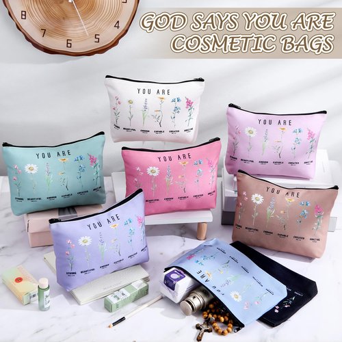 Frienda 24 Pcs God Says You Are Cosmetic Bags for Women Bible Verse Floral Makeup Case Inspirational Religious Bags Affirmations Christian Gifts for Back to School Birthday Holidays(Natural Color)