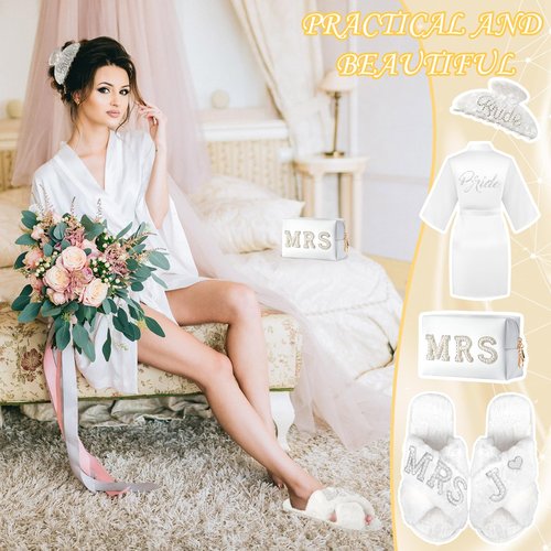 Tkifoda Personalized Initial Letter J MRS Wedding Bride Slippers Robe Makeup Bag Hair Clip, Bride to Be Gifts, Bridal Shower Gifts, Wedding Gift