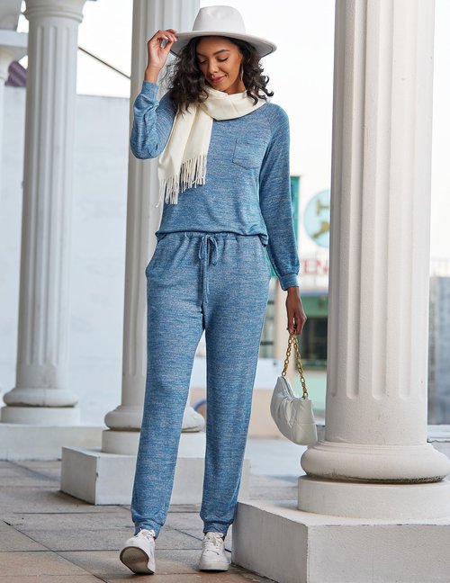 Ekouaer Womens Pajamas Set Long Sleeve Loungewear Soft Lounge Set Joggers with Pockets,Small,Navy