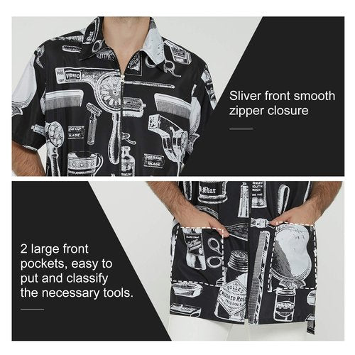 Men’s Barber Jacket and Vintage Print Stylist Grooming Smock- Professional Hair Dressing Apparel in Black