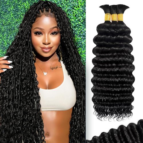BIZVUS Human Braiding Hair for Boho Braids 110g Curly Boho Hair for Braiding Knotless 12A Wet and Wavy Bulk Bohemian 3 Bundles/Pack Deep Wave 100% Human Hair Extensions Natural Color 18inch
