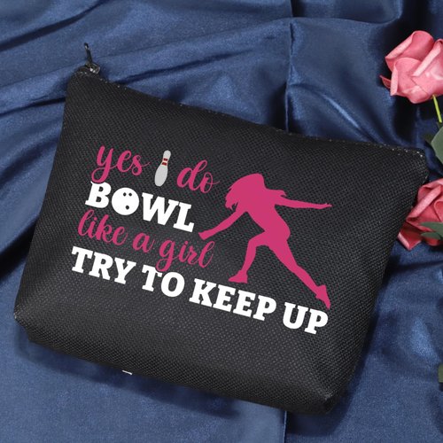 POFULL Bowling Gift Bowling Team Gift Yes I Do Bowl Like a Girl Try to Keep Up Cosmetic Bag Bowling Lover Gifts (Yes I Do Bowl black bag)