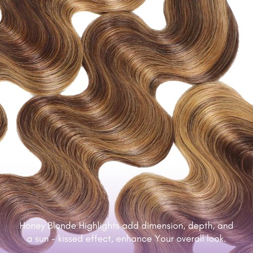 AUROO 12A Honey Blonde Highlight Body Wave Single Bundles Human Hair 10 Inch, 100% Virgin Brazilian Weaves Thick Track Brown Ombre #P4/27 Balayage Colored Human Hair Bundles Extensions Sew In Remy