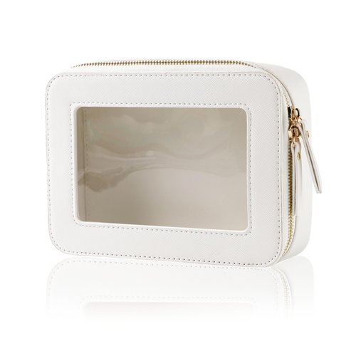 IRROMI Clear Makeup Case, Durable Saffiano Faux Leather Travel Cosmetic Bag, Toiletry Bag with Visual Window & Dual Zippers, Travel Essentials for Women (White, Medium)