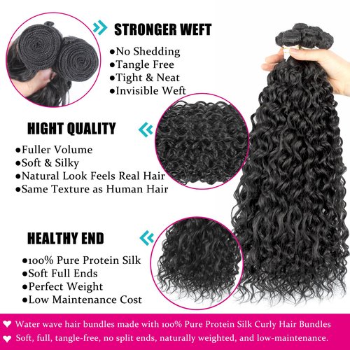 UENOKIPS Water Wave Hair Bundles 100% Pure Protein Silk Curly Bundles 16 18 20 Inch 6 Bundles 290g Soft Natural Look Human Hair Feel Wet and Wavy Hair Extensions Natural Black