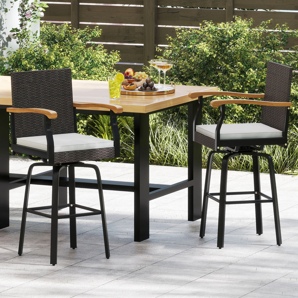 Outdoor 360° Swivel Bar Stool with Cushion, Acacia Wood Armrests - Style 2