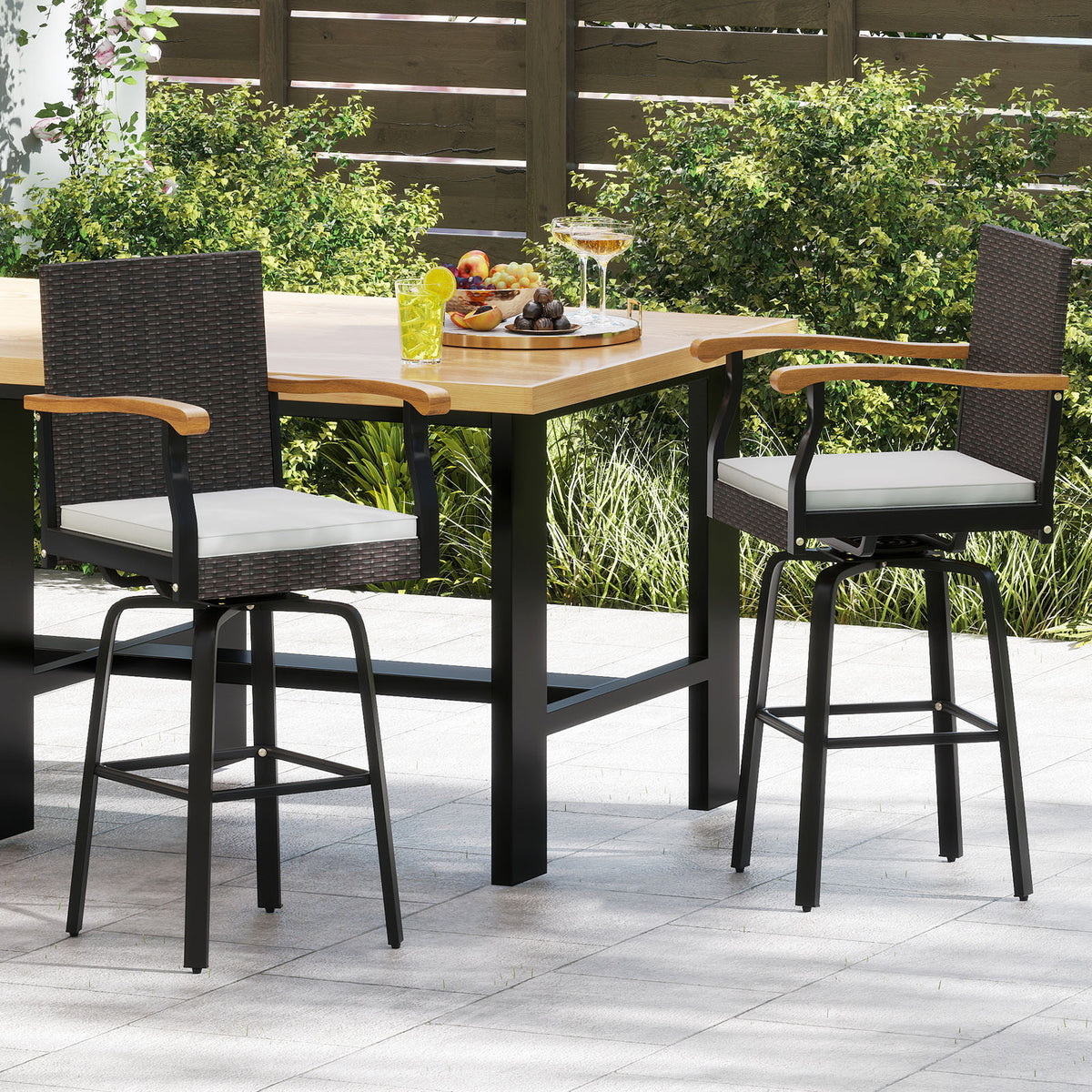 Outdoor 360° Swivel Bar Stool with Cushion, Acacia Wood Armrests - Style 2