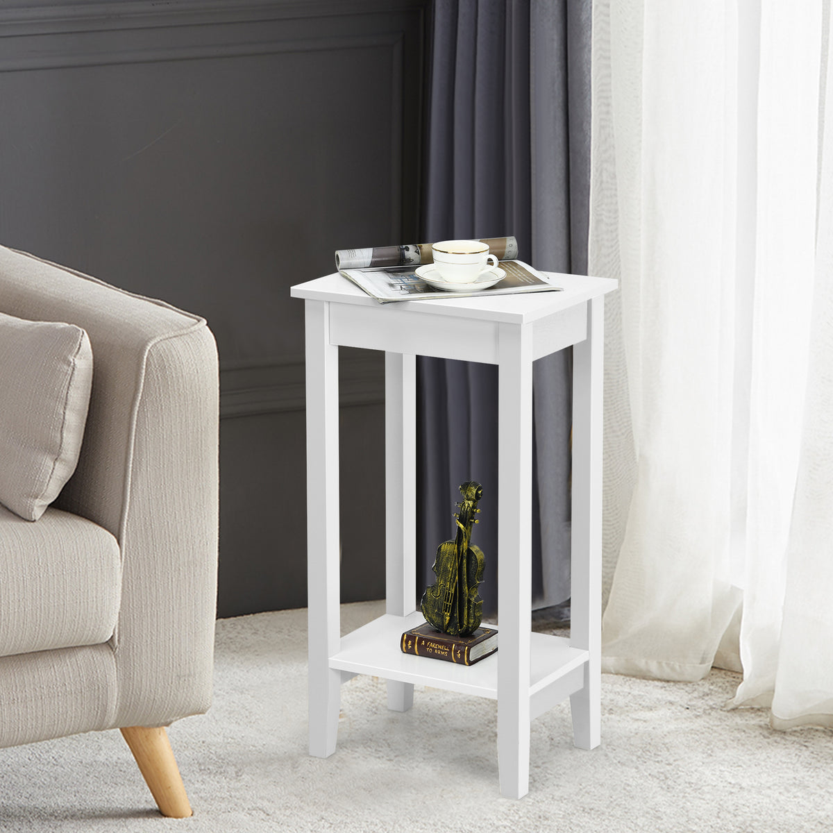 2-Tier End Table with Storage Shelf, Set of 2, White