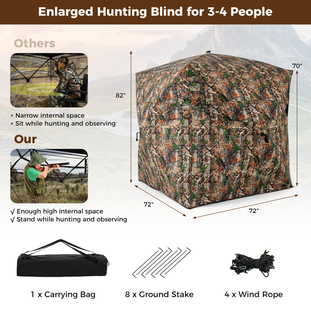 82 Inch Tall Hunting Blind 270° One Way See Through Ground Tent for