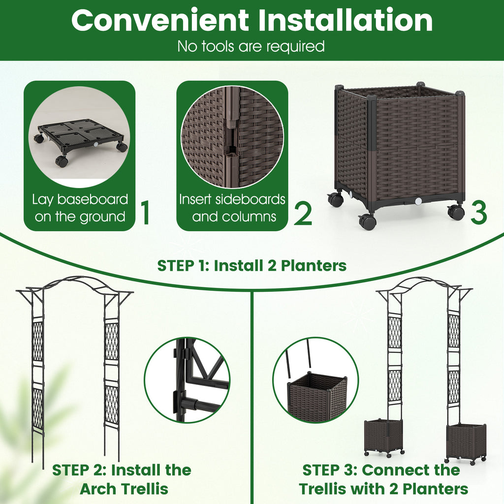 Garden Arch Trellis with Self-Watering Planters & Wheels - 8.25 FT, Black
