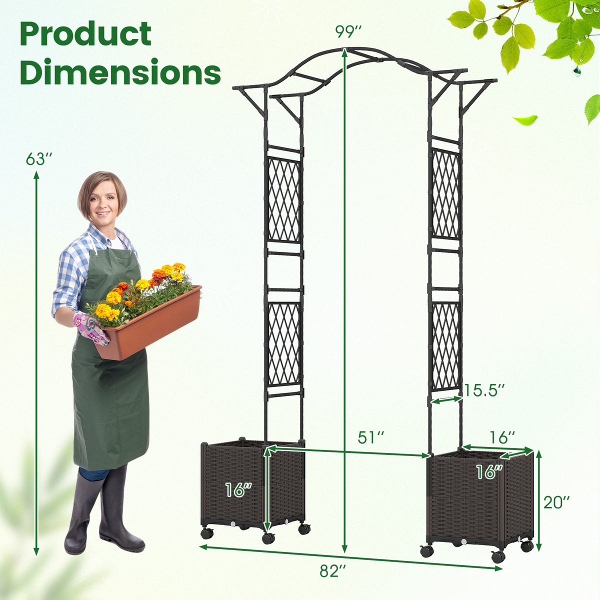 Garden Arch Trellis with Self-Watering Planters & Wheels - 8.25 FT, Black