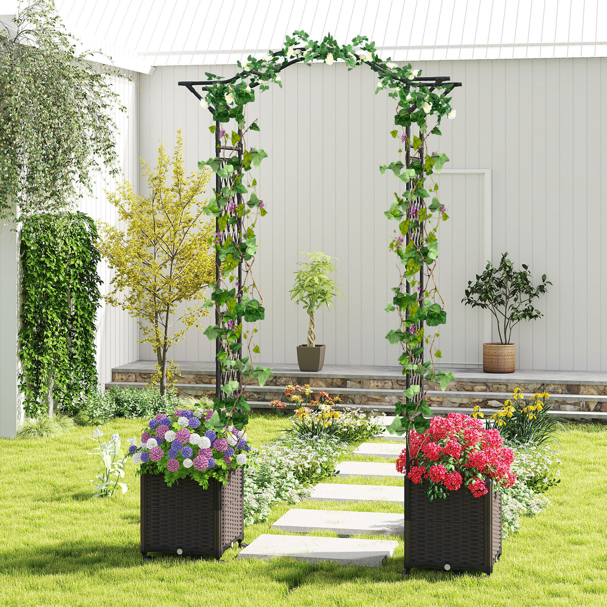 Garden Arch Trellis with Self-Watering Planters & Wheels - 8.25 FT, Black