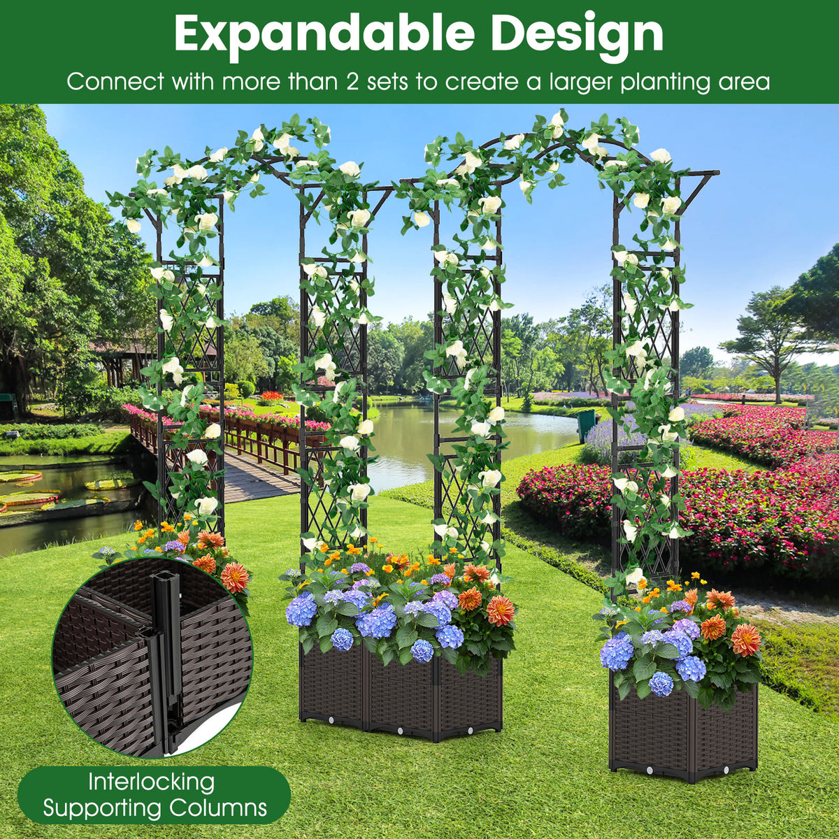Garden Arch Trellis with Self-Watering Planters & Wheels - 8.25 FT, Black