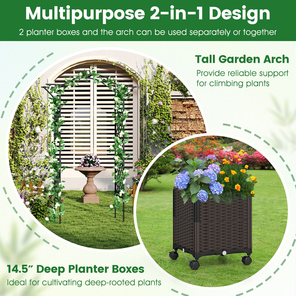 Garden Arch Trellis with Self-Watering Planters & Wheels - 8.25 FT, Black